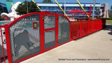 Aluminum Gate Frame - 3" x 3/16" Sq. Tube. Aluminum Mesh - 1/4" Diameter x 1/2" Square Opening. Panic Hardware - Von Duprin 99LX374LXPOOL